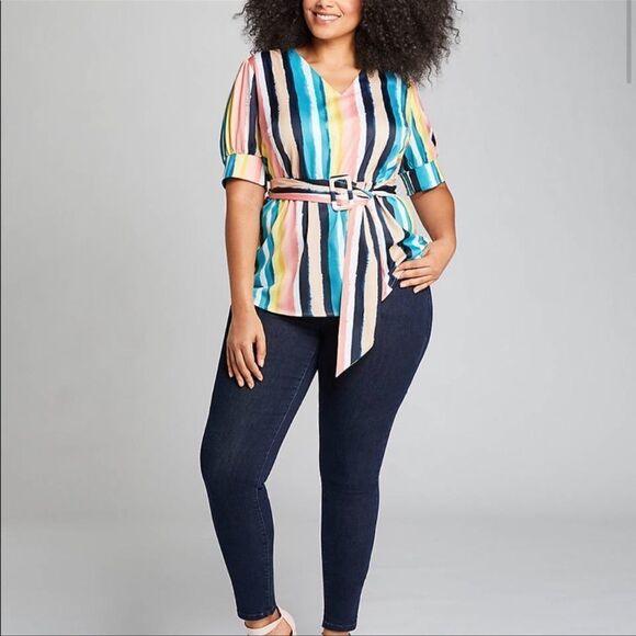 NWOT Lane Bryant Hampton Striped Satin Top Belted - Picture 1 of 9